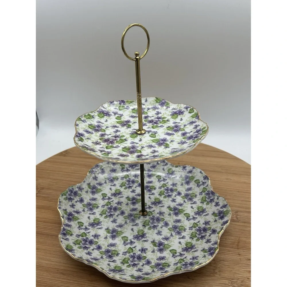 Lefton China Violet Chintz 2 Tiered Serving Tray (Lunch & Bread/Butter‎ Plate) 4